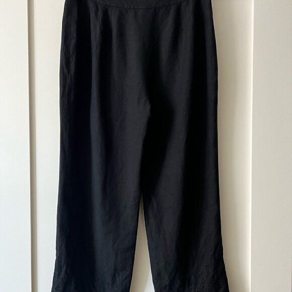 Ann Taylor Loft Pants 14 Womens Embroidered Scalloped Eyelet Bottom Black Linen - Picture 5 of 9